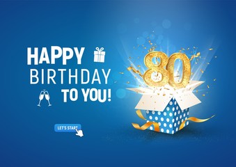 80 th years anniversary banner with open burst gift box. Template eightieth birthday celebration and abstract text on blue background vector illustration