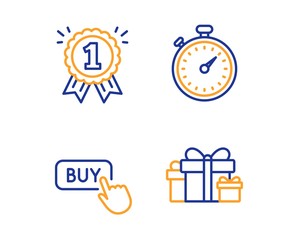 Timer, Buy button and Reward icons simple set. Holiday presents sign. Stopwatch gadget, Online shopping, First place. Gift boxes. Business set. Linear timer icon. Colorful design set. Vector