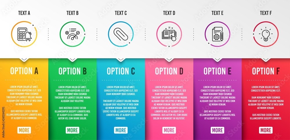 Poster calculator alarm, technical documentation and documentation icons simple set. paper clip, correct an