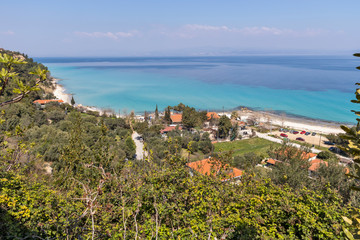 Fototapeta na wymiar Panoramic view of beach of town of Afytos, Kassandra, Chalkidiki, Central Macedonia, Greece