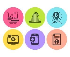 Bitcoin project, Bumper cars and Settings icons simple set. Medical phone, Roller coaster and Technical info signs. Cryptocurrency startup, Carousels. Technology set. Flat bitcoin project icon