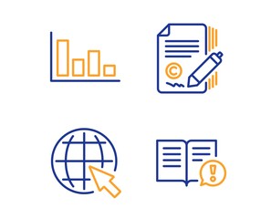 Obraz premium Histogram, Copywriting and Internet icons simple set. Facts sign. Economic trend, Ð¡opyright signature, World web. Important information. Education set. Linear histogram icon. Colorful design set