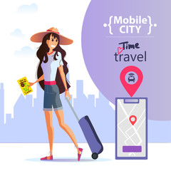 Girl with a suitcase in a hat travels around the world, vector eps 10