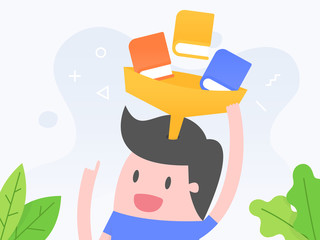 Vector illustration concept of knowledge and education. Young man with many books on his head.