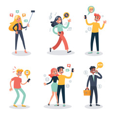 People with smartphone set. Collection of adult