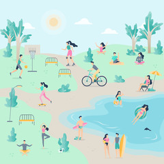 People in the public park. Walking a dog