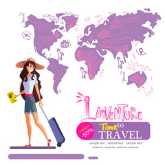 Girl with a suitcase in a hat travels around the world, vector eps 10