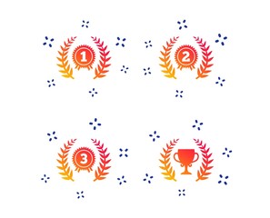 Laurel wreath award icons. Prize cup for winner signs. First, second and third place medals symbols. Random dynamic shapes. Gradient award icon. Vector
