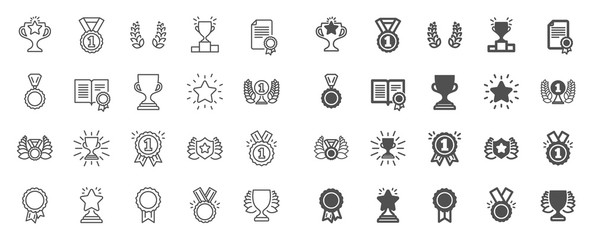 Award line icons. Set of Winner medal, Victory cup and Laurel wreath award icons. Reward, Certificate and Diploma message. Glory shield, Prize winner, rank star, diploma certificate. Quality sign set
