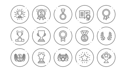 Award line icons. Winner medal, Victory cup and Trophy reward. Achievement linear icon set. Line buttons with icon. Editable stroke. Vector