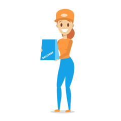 Delivery woman. Courier in uniform holding a blue parcel