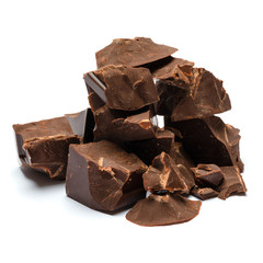 Dark or milk organic chocolate pieces isolated on white background