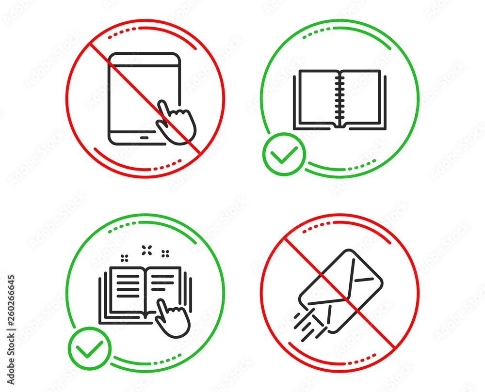 Poster do or stop. technical documentation, tablet pc and book icons simple set. e-mail sign. manual, touch
