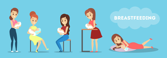 Mother breastfeeding her newborn baby set. Idea of child care