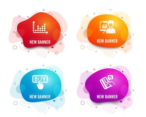 Liquid badges. Set of Buying, Dot plot and Presentation icons. Credit card sign. E-commerce shopping, Presentation graph, Education board. Loan percent.  Gradient buying icon. Flyer fluid design