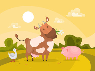 Farm animals outdoors. Cow chewing grass and pig