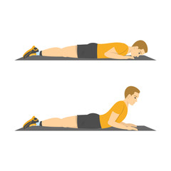 Man doing back extension exercise. Back stretch