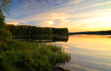 Savinskoe Lake, Tver region, sunset in the summer evening.
