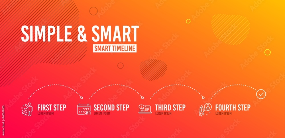 Poster infographic timeline. employee, calendar graph and online documentation icons simple set. startup si