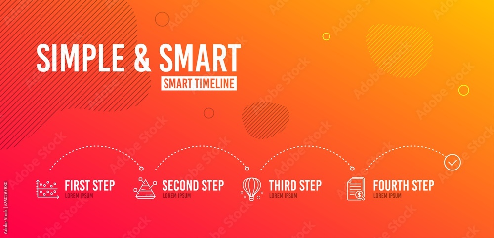 Poster infographic timeline. dot plot, air balloon and pyramid chart icons simple set. financial documents 
