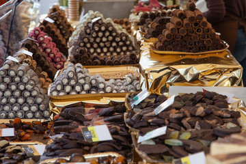 Neuwied, Germany - April 6, 2019: chocolate and other sweets on the Chocolate festival