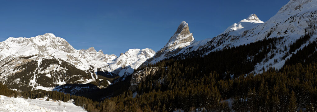 PRALOGNAN LA VANOISE. AIGUILLE DE LA VANOISE. PANORAMA VU ENTRE CHOLIERE ET LE PONT DE GERLON.