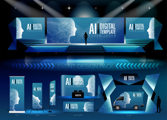 A pack of 3D event design medias in vector format, with a sample of graphic template in RGB color. It is suitable for event design, event planing, concert, seminar, etc.