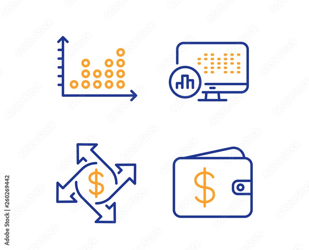 Poster payment exchange, dot plot and report statistics icons simple set. dollar wallet sign. money transfe
