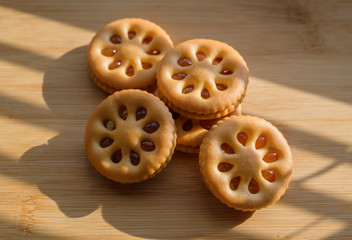 Cookies on wooden table. Natural light. Selective focus.
