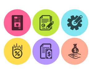 Payment, Copywriting and Loan percent icons simple set. Coffee vending, Cogwheel and Income money signs. Cash money, Copyright signature. Business set. Flat payment icon. Circle button. Vector