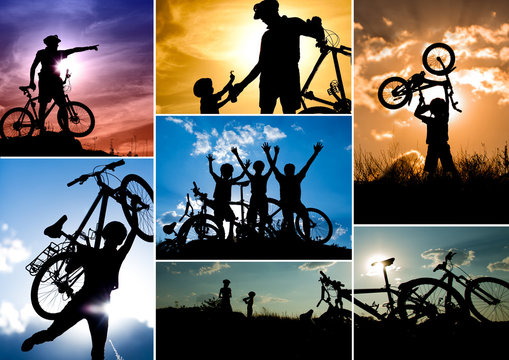 Collection of photos with bike, biker, and travel themes over sunset sky
