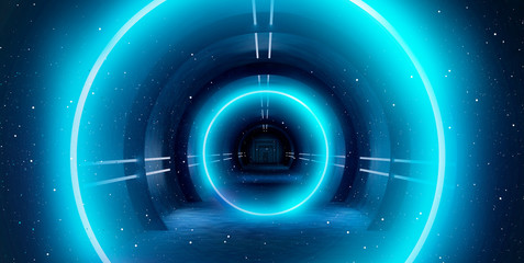 Abstract tunnel, corridor with rays of light and new highlights. Abstract blue background, neon....