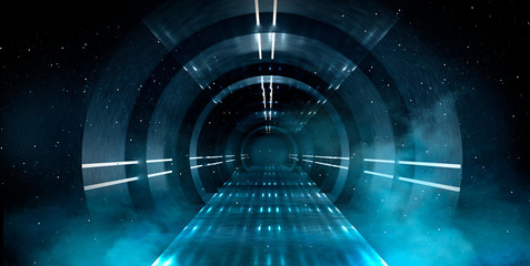 Abstract tunnel, corridor with rays of light and new highlights. Abstract blue background, neon. Scene with rays and lines, Round arch, light in motion, night view. - obrazy, fototapety, plakaty