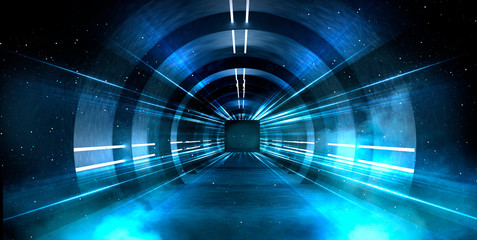 Abstract tunnel, corridor with rays of light and new highlights. Abstract blue background, neon. Scene with rays and lines, Round arch, light in motion, night view.