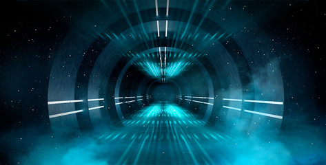 Abstract tunnel, corridor with rays of light and new highlights. Abstract blue background, neon....