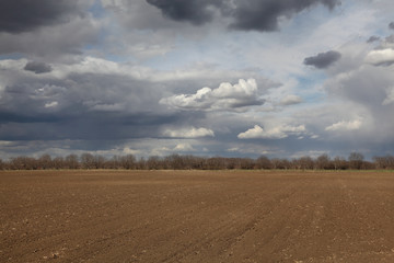 Agriculture, cultivated field with dark clouds in spring