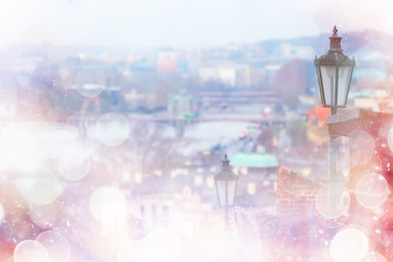 pink Prague background and red roofs / background of the blurred landscape of the czech republic, Prague, panoramic view of the red roofs of Prague