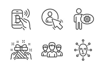 Gift, Bitcoin pay and Cogwheel icons simple set. Group, User and Face biometrics signs. Present, Mobile payment. People set. Line gift icon. Editable stroke. Vector