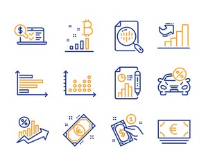 Analytics chart, Online accounting and Report document icons simple set. Dot plot, Horizontal chart and Car leasing signs. Euro money, Payment method and Loan percent symbols. Vector
