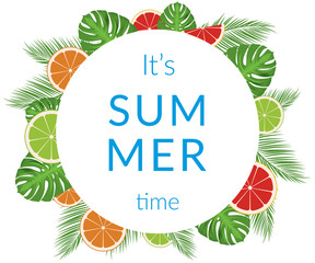 Summer time vector banner design with white circle for text and colorful elements