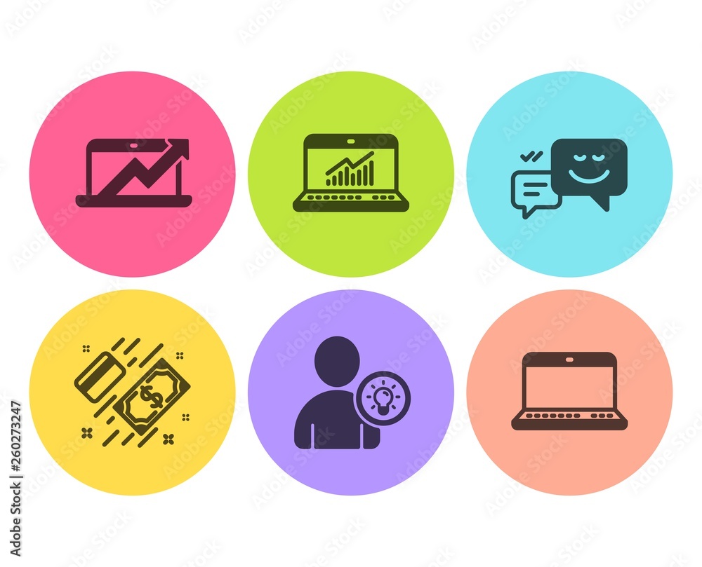 Poster online statistics, sales diagram and happy emotion icons simple set. payment, user idea and notebook