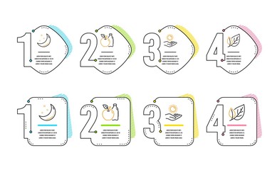 Moon stars, Apple and Sun protection icons simple set. Leaf sign. Night, Diet food, Ultraviolet care. Ecology. Nature set. Infographic timeline. Line moon stars icon. 4 options or steps. Vector