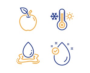 Apple, Water splash and Thermometer icons simple set. Vitamin e sign. Fruit, Aqua drop, Thermostat. Oil drop. Nature set. Linear apple icon. Colorful design set. Vector