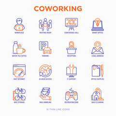 Obraz premium Coworking office thin line icons set: workplace, meeting room, conference hall, smart office, parking, reception, legal address, IT support, bike storage, recreation zone. Vector illustration.