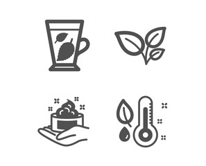 Set of Leaves, Skin care and Mint leaves icons. Thermometer sign. Grow plant, Hand cream, Mentha leaf.  Classic design leaves icon. Flat design. Vector