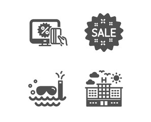 Set of Online shopping, Sale and Scuba diving icons. Hotel sign. Black friday, Shopping star, Trip swimming. Travel.  Classic design online shopping icon. Flat design. Vector