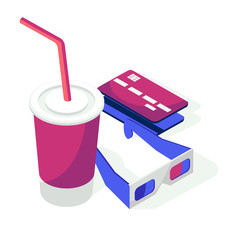 Cola, cinema 3d eyeglasses and credit cards icon. Isometric illustration on a white background