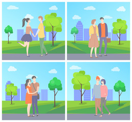 People in love vector, man and woman spending time in park of city, skyscrapers and green trees with lawns. Romantic meeting of male and female set