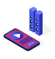 Watch movie online. Mobile app for home cinema. Smart phone with speakers on a white background. Isometric illustration