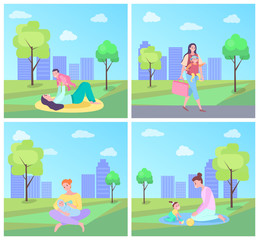 Fototapeta na wymiar Woman playing with kid vector, people in city park having fun. Newborn child with mom, woman carrying handbag, feeding baby on nature with green trees